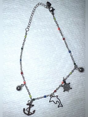 Nautical themed stainless steel charm anklet/bracelet with adjustable link chain